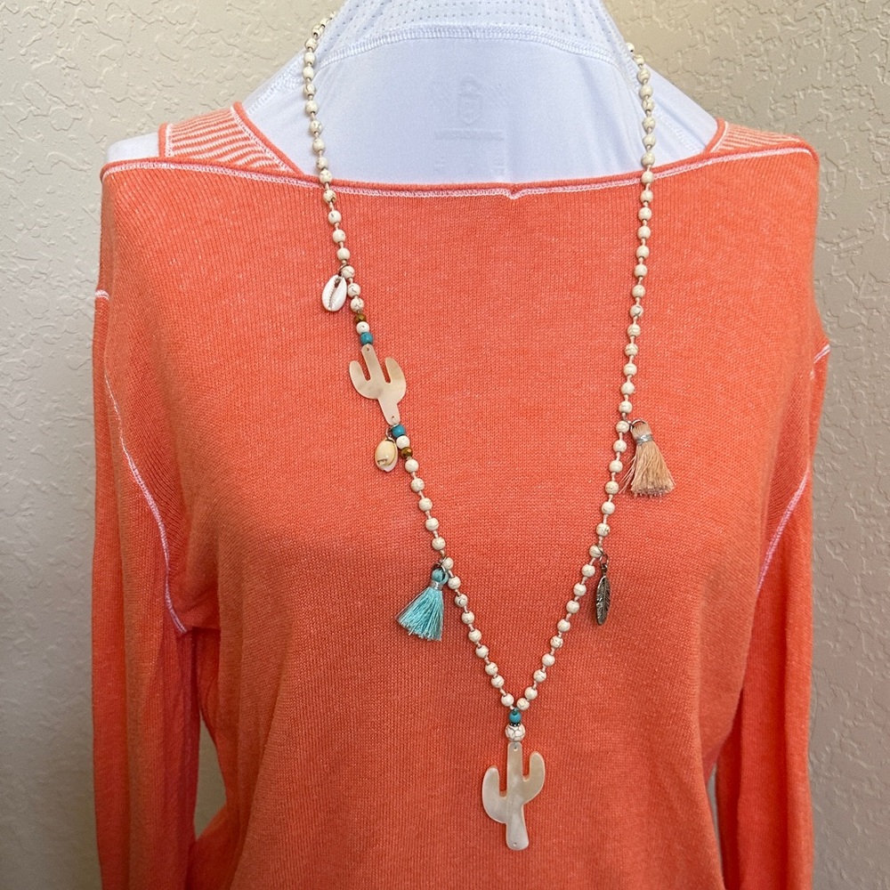 Cactus shells Charm Long Turquoise Necklace - Coral Accent